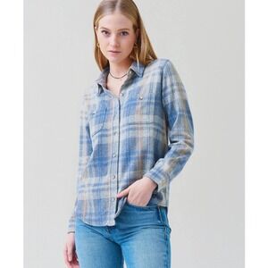Faherty Legend Blue Cream Beige Button Down Cozy Soft Sweater‎ Shirt womens XL